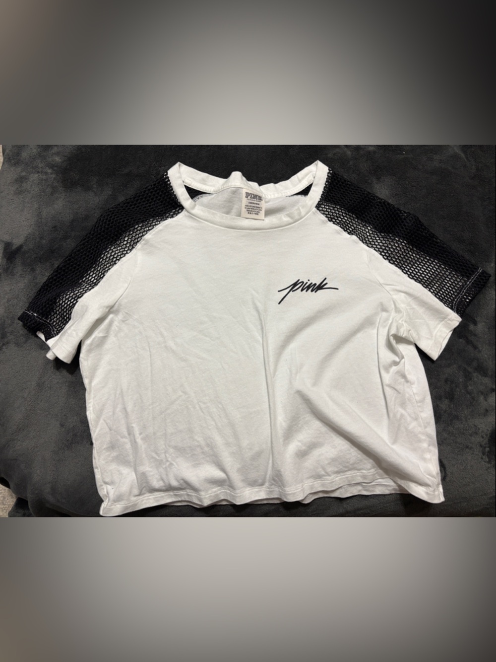 PINK Victoria's Secret White Crop Tee with Black Mesh Sleeves